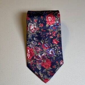 Manhattan Mens Silk Floral Tie‎ Navy Red Blue Classic Necktie preowned VTG 90s